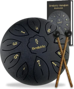 BrellaVio Handpan Met Lesboek - 16cm - Zwart - Healing Steel Tongue Drum - Hand Klankschaal - Hang Drum - Lotus Tong Muziektherapie