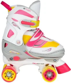 Nijdam Rolschaatsen Meisjes Verstelbaar Semi-Softboot - Rave Skate - Fluorroze/Fluorgeel/Wit/Grijs/Antraciet - 34-37