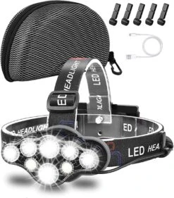 FOXLY® Ultrakrachtige Militaire Hoofdlamp USB Oplaadbaar 18000 Lumen - 8 LED Koplampen - 500 Meter Bereik - 8 Modes - INCLUSIEF Hardcase Opbergtas