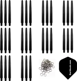 Darthoek Zwarte Dart Shafts| 10 Sets (30 Stuks) |Inbetween | + 10 Sets (30 Stuks) Veerringen + 1 Set Darthoek Flights