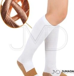 Merkloos Jumada's Steunkousen / Compressiekousen - Elastische Hardloop / Sport / Vliegtuig Compressie Sokken - Reissokken / Reis Kousen - Running Travel Socks - Heren / Dames - Set Van 1 Paar - Steunkousen Kopergeweven - Maten L/XL - Wit/Bruin