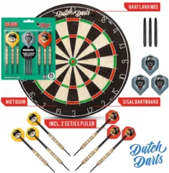 Dutch Darts Dartset Met Een Roundwire Dartbord, 2 Sets Brass Dartpijlen En Reservesets Voor Flights En Shafts.