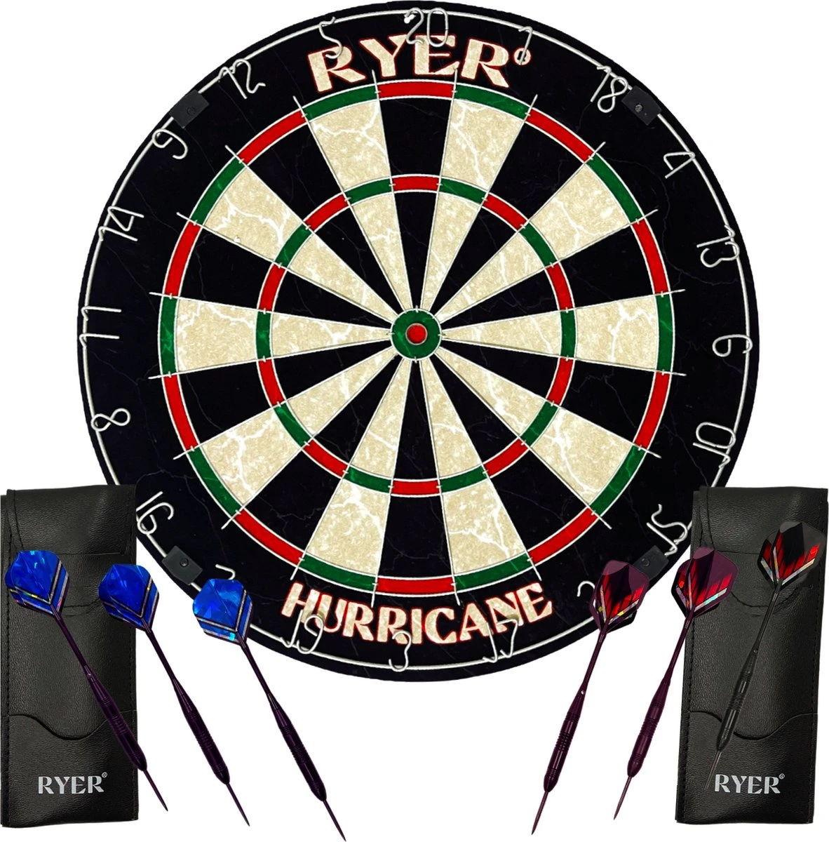 RYER Hurricane Dartbord - Eersteklas Sisal - Met 6 Darts En Leren Tasjes 1 RYER Hurricane Dartbord - Eersteklas Sisal - Met 6 Darts En Leren Tasjes