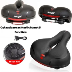 IBright Gel Fietszadel Met LED Oplaadbare Achterlicht - USB Oplaadbaar - Fietsverlichting Met 6 Functie's - Dames / Heren - Waterdicht - Gratis Zadelstrop - USB Oplaadkabel - Zwart -Merkloos Verkoop 1198x1200 33