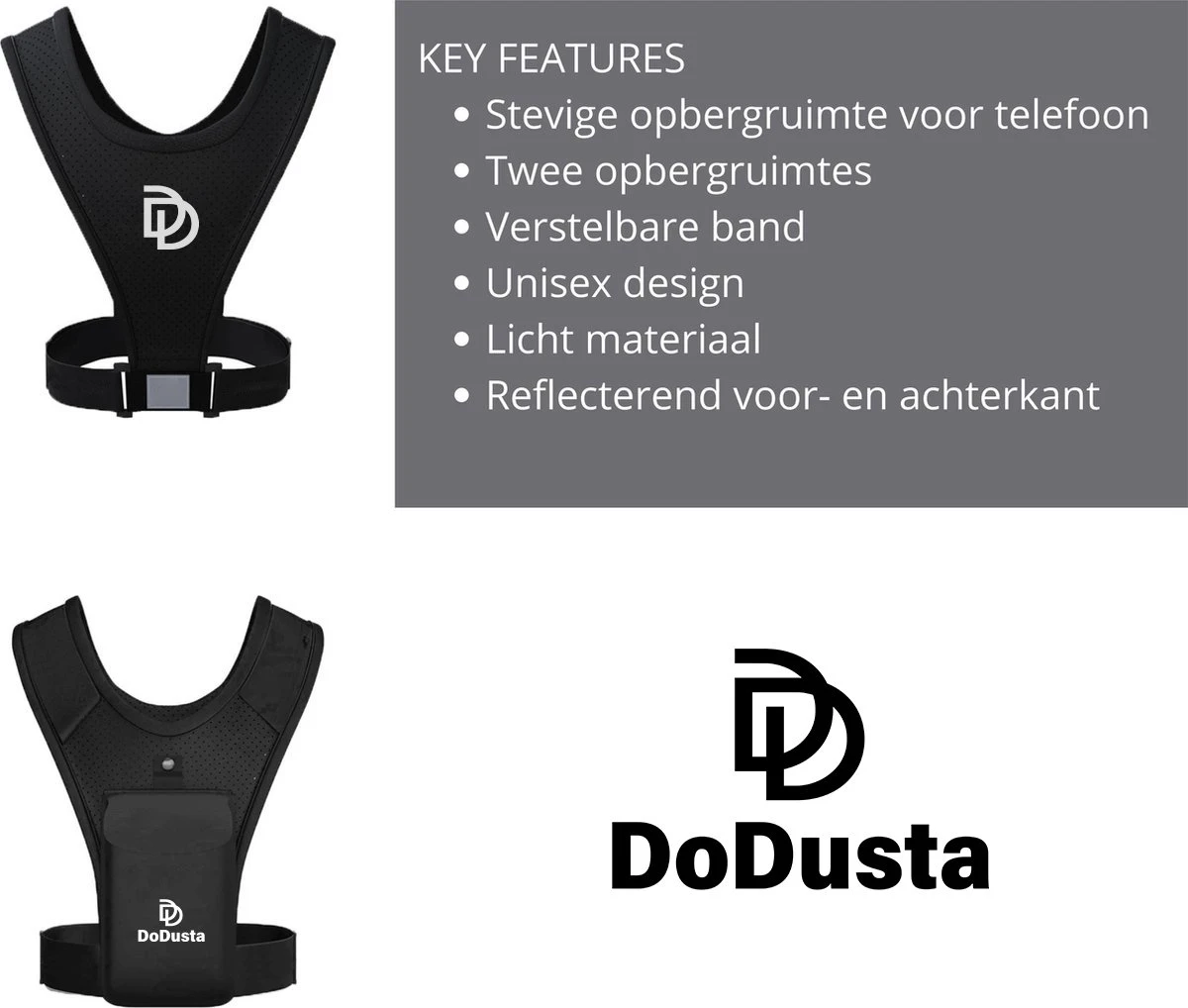 DoDusta Hardloopvest Met Telefoonhouder - Hardloop Telefoonhouder - Reflectievest - Unisex - Zwart 2 DoDusta Hardloopvest Met Telefoonhouder - Hardloop Telefoonhouder - Reflectievest - Unisex - Zwart - Afbeelding 2
