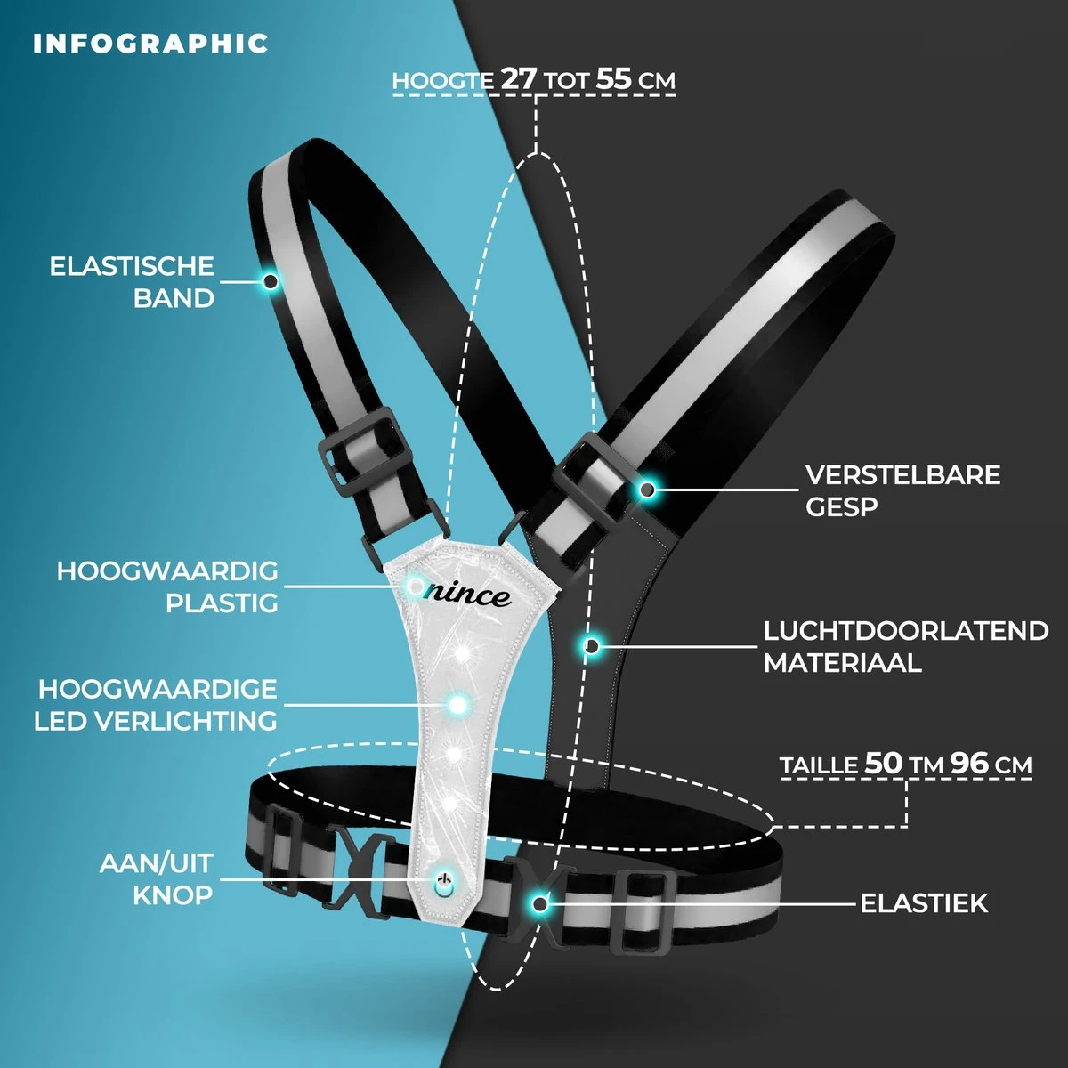 Nince Hardloop Verlichting Van Hoge Kwaliteit USB Oplaadbaar Grijs - Hardloopvest Grijs - Reflecterend Vest 3 Nince Hardloop Verlichting Van Hoge Kwaliteit USB Oplaadbaar Grijs - Hardloopvest Grijs - Reflecterend Vest - Afbeelding 3
