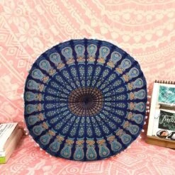 Merkloos Indiaas Yogakussen Mandala Saira Blauw; Oosters Zitkussen