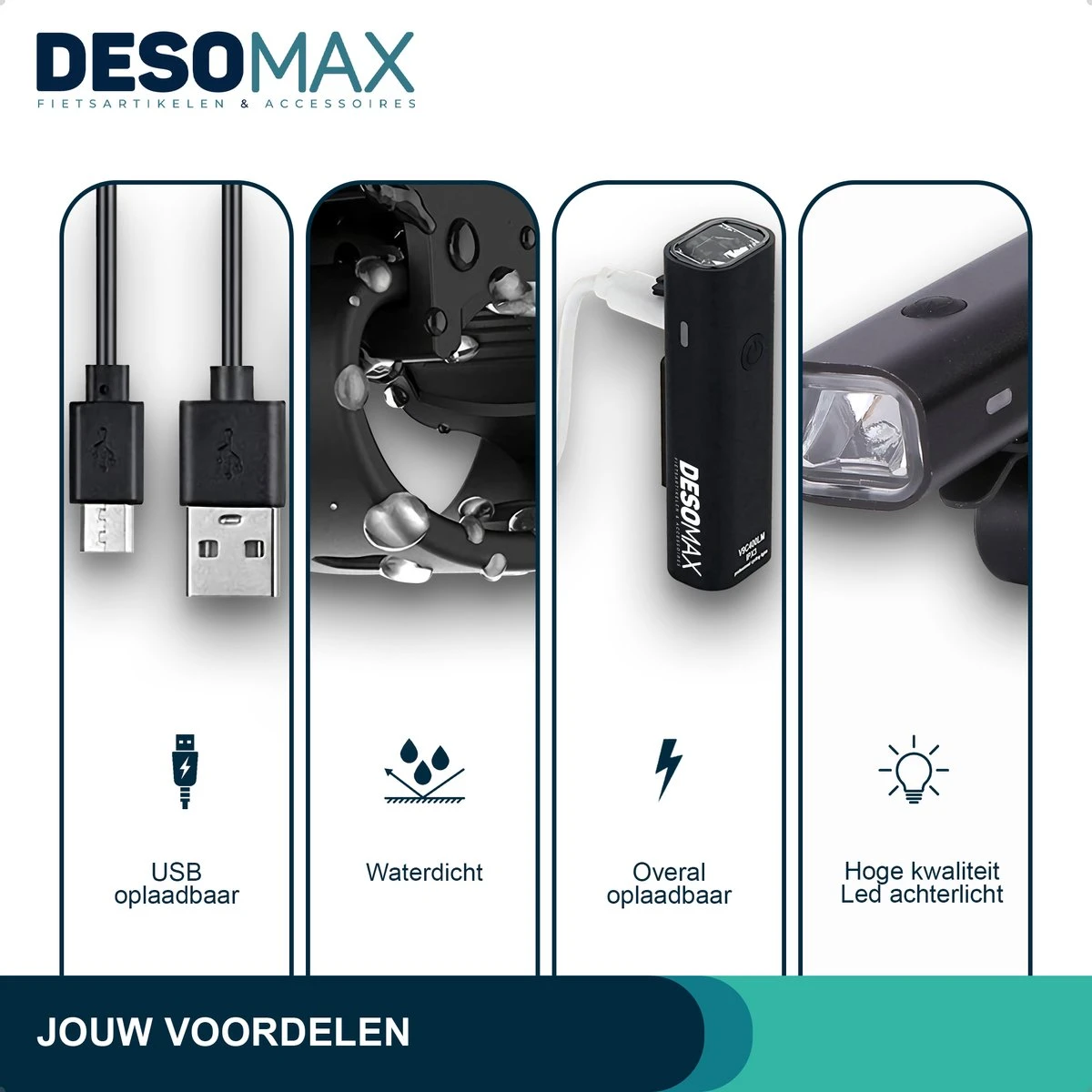 DesoMax® Fietsverlichting Set USB Oplaadbaar Heldere Fietslamp - Voorlicht - Achterlicht - Koplamp - Achterlamp 3 DesoMax® Fietsverlichting Set USB Oplaadbaar Heldere Fietslamp - Voorlicht - Achterlicht - Koplamp - Achterlamp - Afbeelding 3