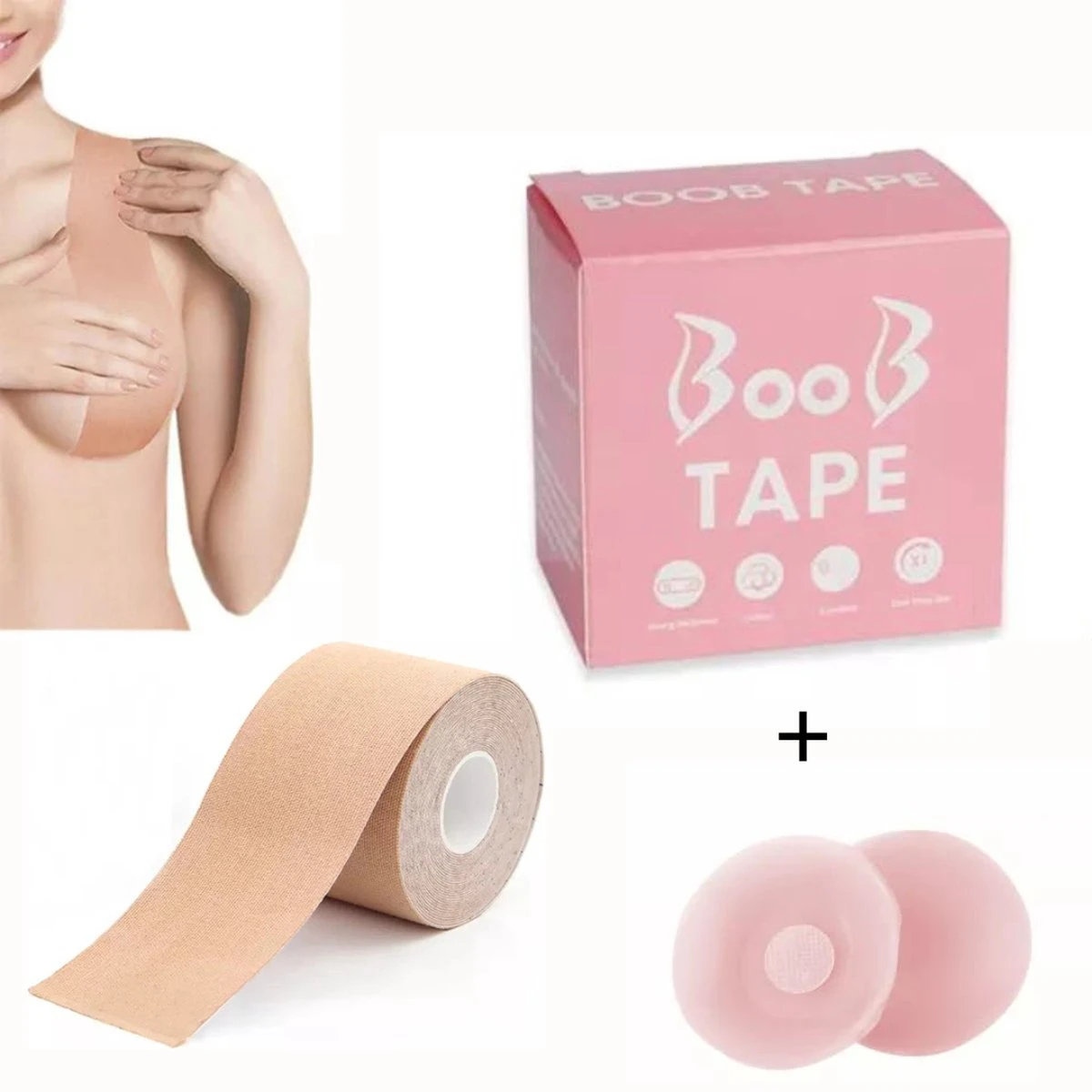 Boob Tape - Inclusief 2 Nipple Covers/Tepelstickers - Borst Tape - Bra Tape - Boob Lift Tape - Beige - 5 Meter Lang - 5 CM Breed - Plak BH 1 Boob Tape - Inclusief 2 Nipple Covers/Tepelstickers - Borst Tape - Bra Tape - Boob Lift Tape - Beige - 5 Meter Lang - 5 CM Breed - Plak BH