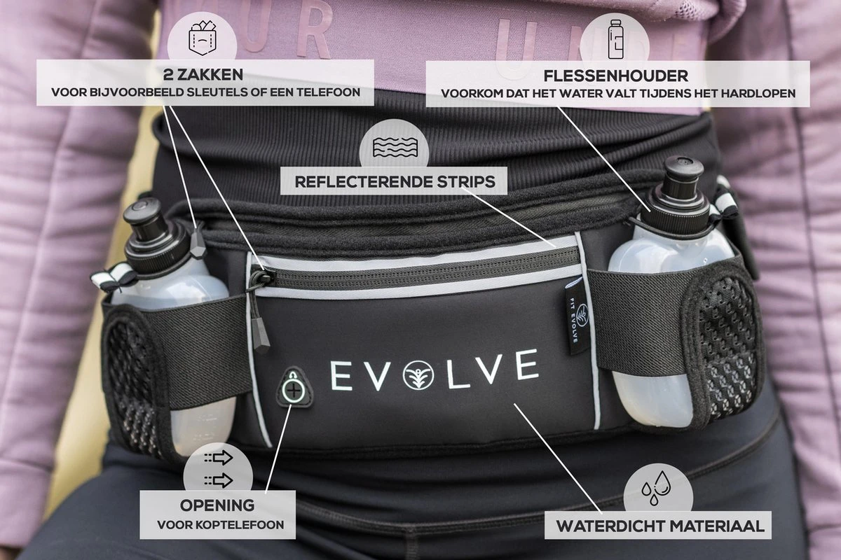 Fit Evolve® Sport Heupband - Hardloopband Telefoonhouder - Sportband - Drinkgordel - Running Belt Bidonhouder - Hardloopriem Met Drinkflessen - Zwart - Onesize 7 Fit Evolve® Sport Heupband - Hardloopband Telefoonhouder - Sportband - Drinkgordel - Running Belt Bidonhouder - Hardloopriem Met Drinkflessen - Zwart - Onesize - Afbeelding 7