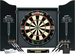 Winmau Dart Xtreme Dartbord - Professionele Dartset - Kast: Hout - Vanaf 12 Jaar - Complete Set Van De Toonaangevende Engelse Fabrikant "Winmau" - Sisal Dartbord In Toernooikwaliteit - Bord Met Zwarte Houten Kast Met Dubbele Deuren
