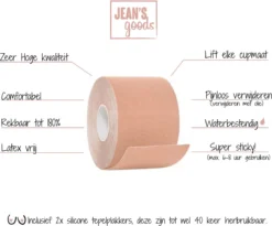 Jean's Goods Boob Tape - Inclusief Herbruikbare Tepelplakkers - Tepelcover - Borst Tape - Plak BH - 5 Meter - Super Sticky - Boobtape - Naturel -Merkloos Verkoop 1200x994